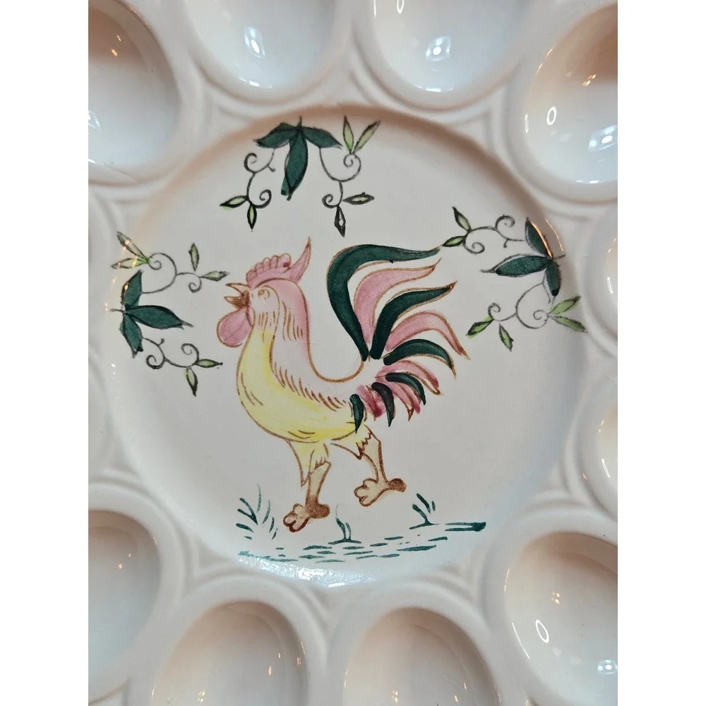 Vintage Style‎ Ceramic Rooster Deviled Egg Platter Scalloped Serving Tray 9.5